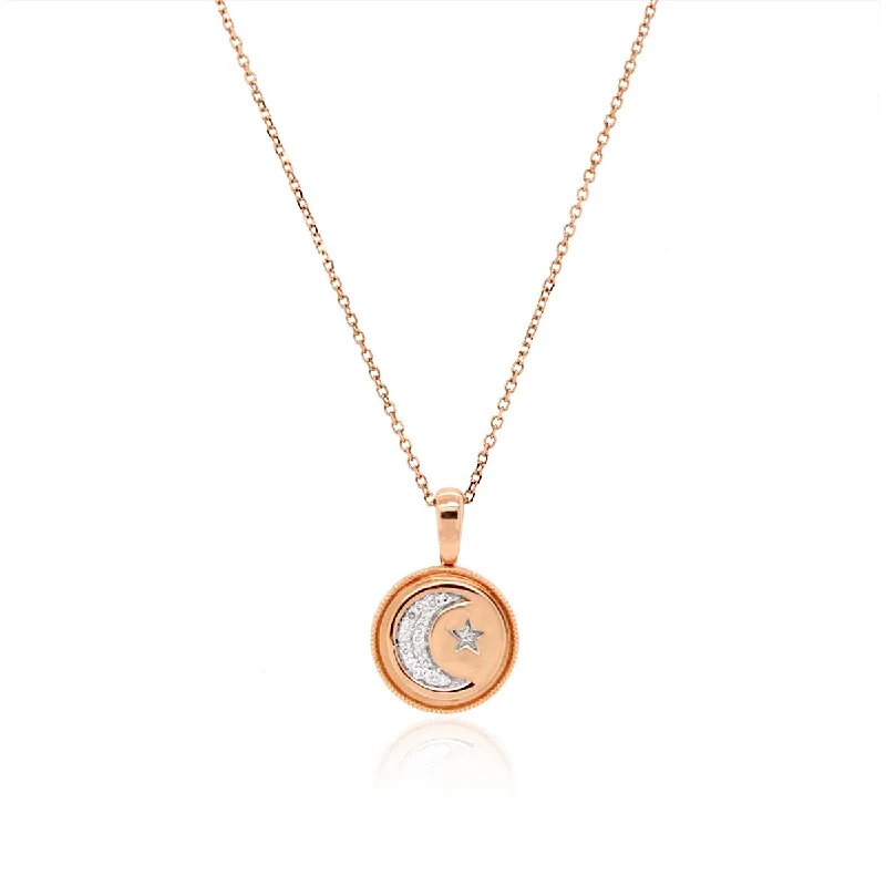 diamond pendant necklaces for women-ROSE GOLD CIRCLE PENDANT WITH MOON DESIGN OF DIAMONDS, .05 CT TW