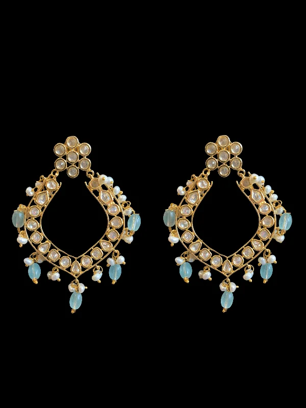 cross earrings for women-DER108 Elara polki earrings in fresh water pearls- aqua    ( READY TO SHIP )