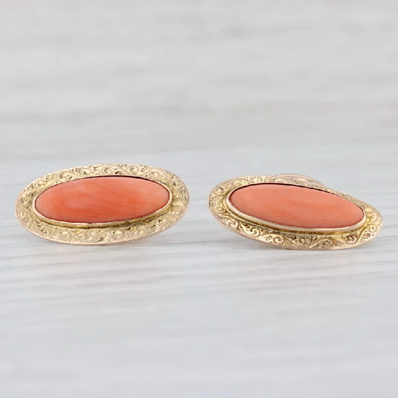 colored diamond engagement rings for women-Antique Coral Cufflinks 10k Yellow Gold Oval Cabochon