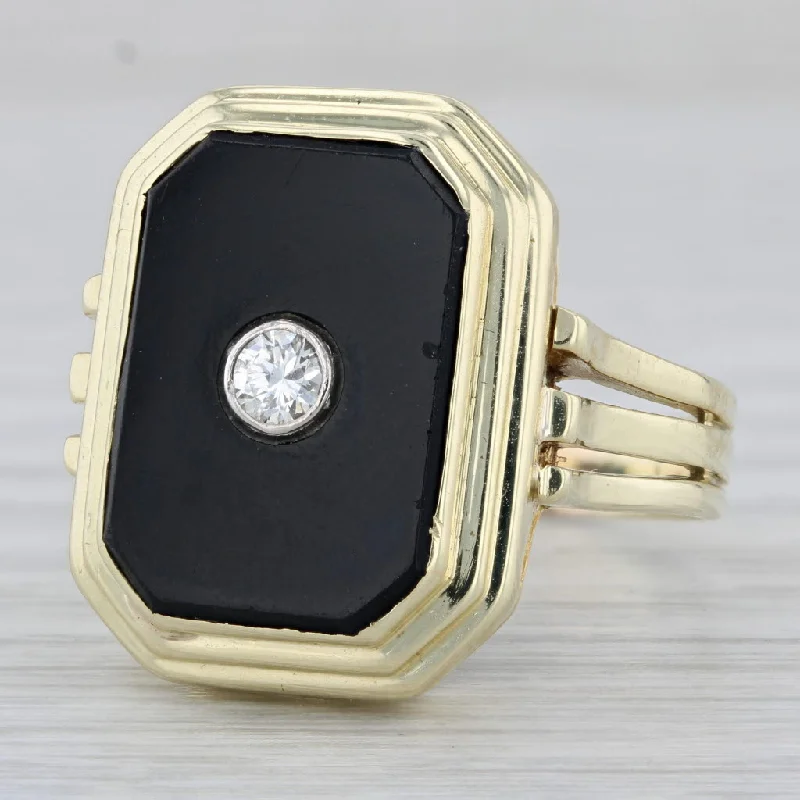 heart-shaped engagement rings for women-Onyx Diamond Signet Ring 14k Yellow Gold Vintage Size 11.75