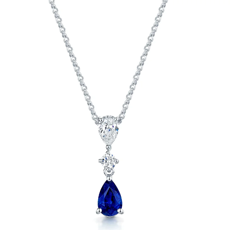 choker necklaces for women-18ct White Gold Pear Blue Sapphire & Diamond Three Stone Pendant