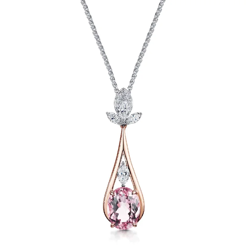 long pendant necklaces for women-18ct Rose & White Gold Oval Cut Pink Tourmaline & Marquise Cut Diamond Pendant