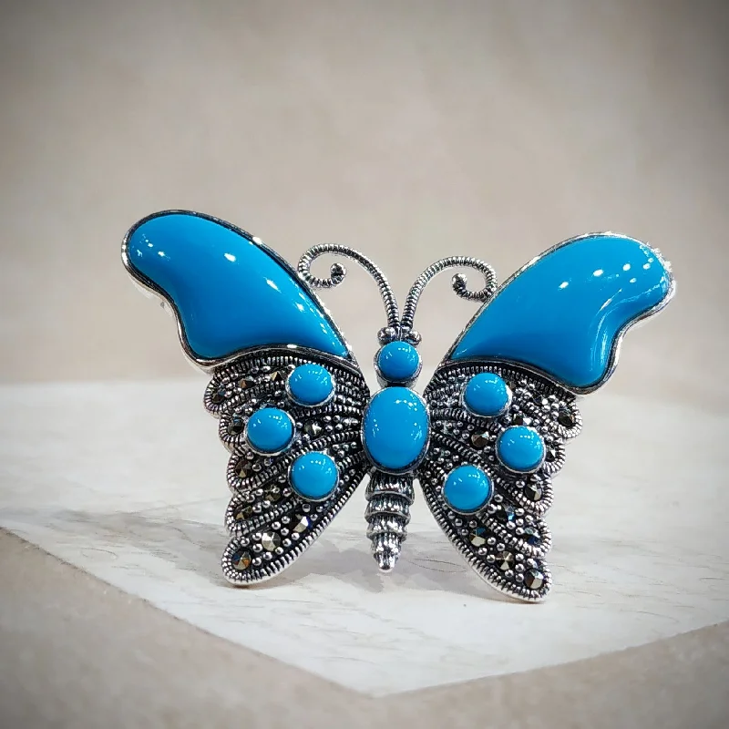 crown brooches for women-Butterfly Brooch Turquoise Silver Marcasite Pendant