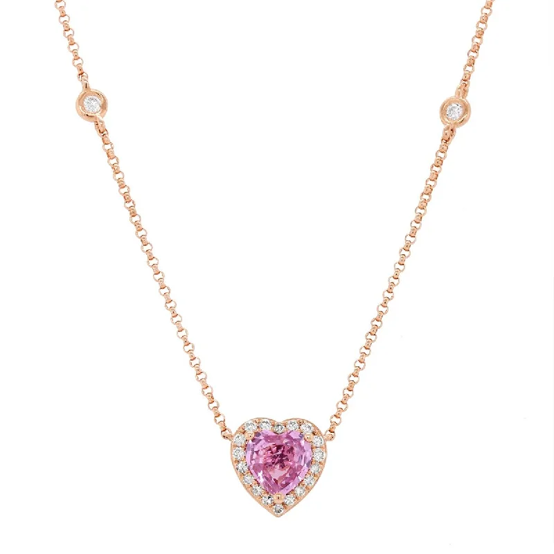 retro necklaces for women-ROSE GOLD PENDANT WITH HEART SHAPED PINK SAPPHIRE AND DIAMOND HALO, .18 CT TW