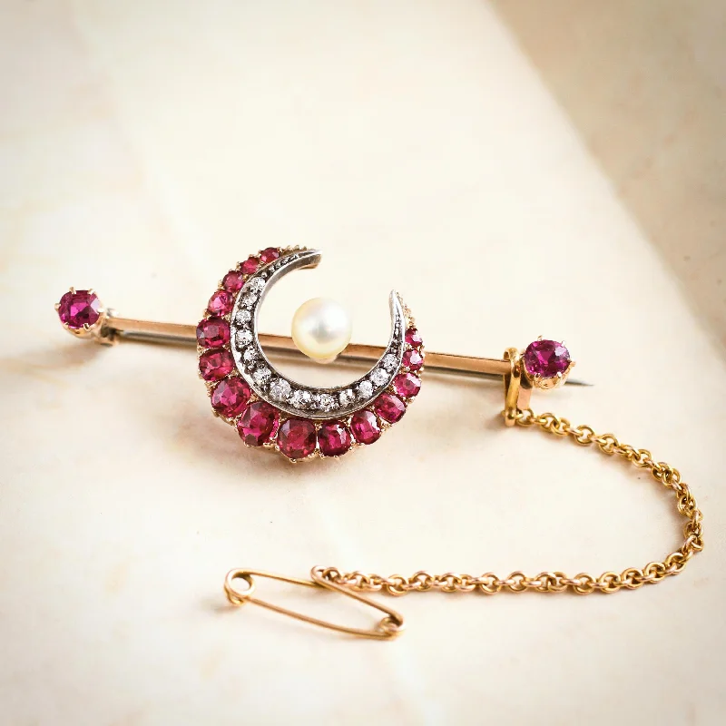 pearl brooches for women-Late Victorian Ruby & Diamond Crescent Honeymoon Brooch