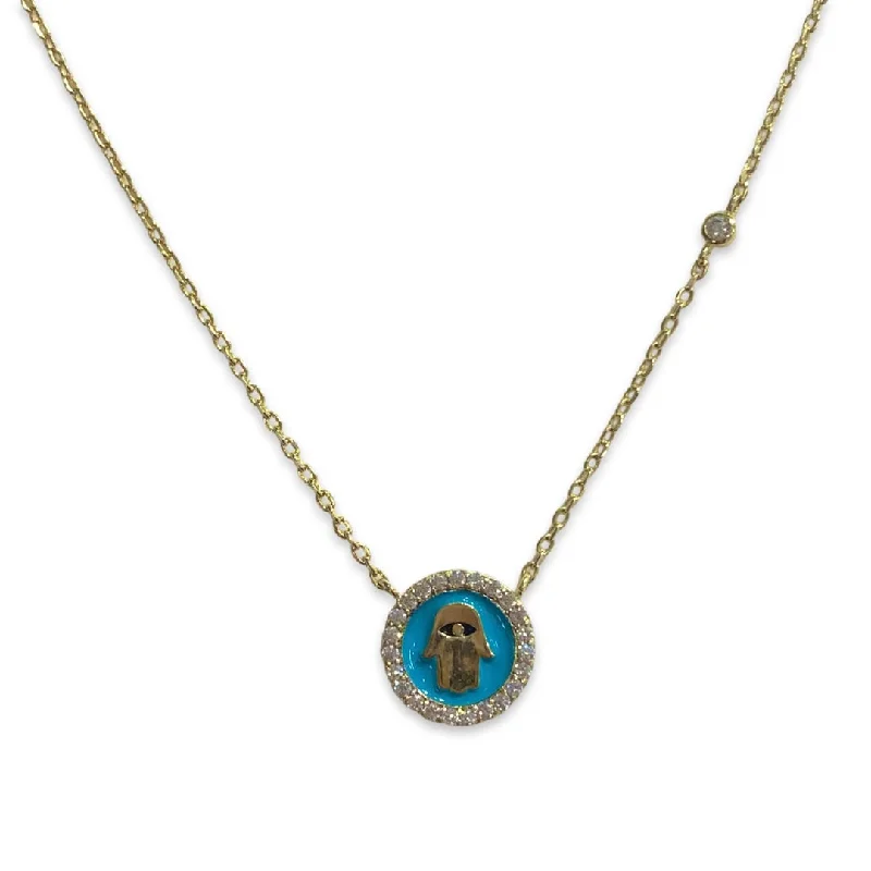 layered crystal necklaces for women-Hamsa Teal Disc Necklace