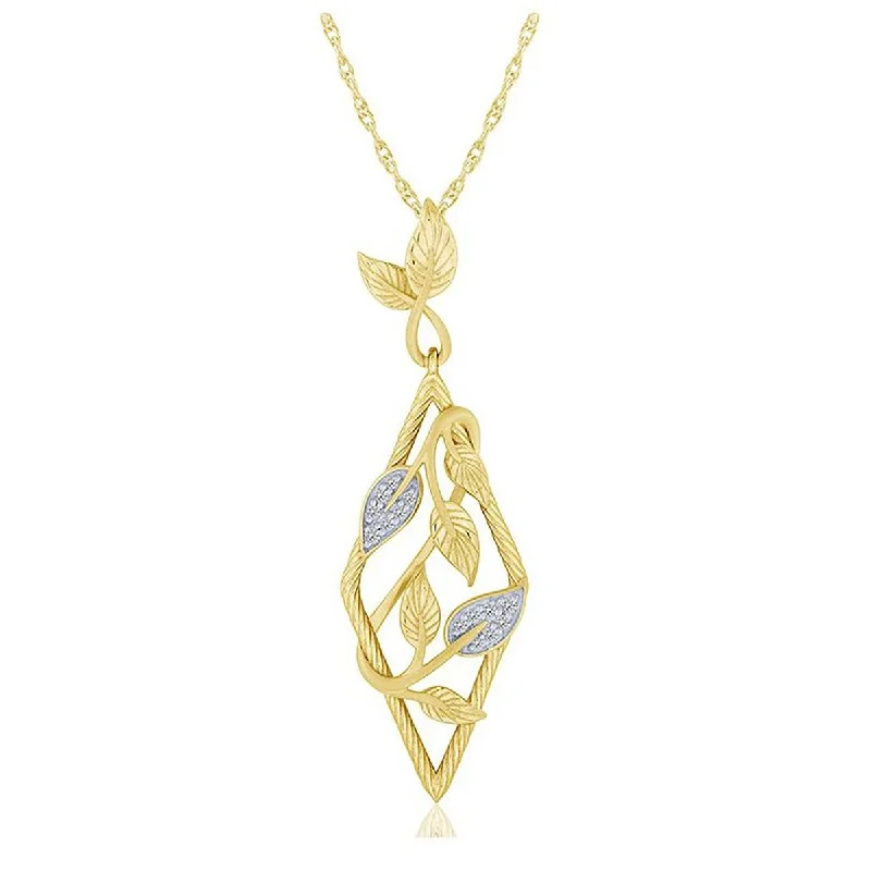 animal-shaped necklaces for women-YELLOW GOLD DIAMOND PENDANT WITH LEAF DESIGNS, 1/10 CT TW