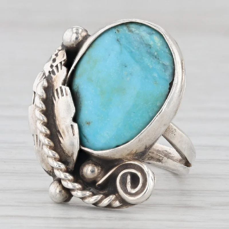 engagement rings with gemstones for women-Turquoise Feather Ring Sterling Silver Size 5 Vintage Native American