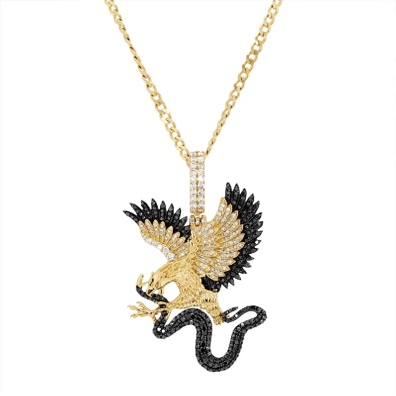 sterling silver necklaces for women-YELLOW GOLD EAGLE AND SNAKE CHARM WITH BLACK AND WHITE DIAMONDS, 1 7/8 CT TW