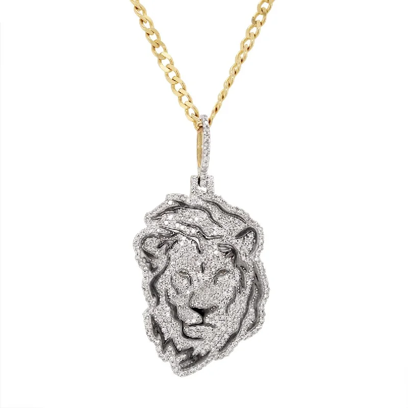 short chain necklaces for women-TWO-TONE GOLD LION FACE CHARM PENDANT WITH DIAMONDS, 2 1/4 CT TW