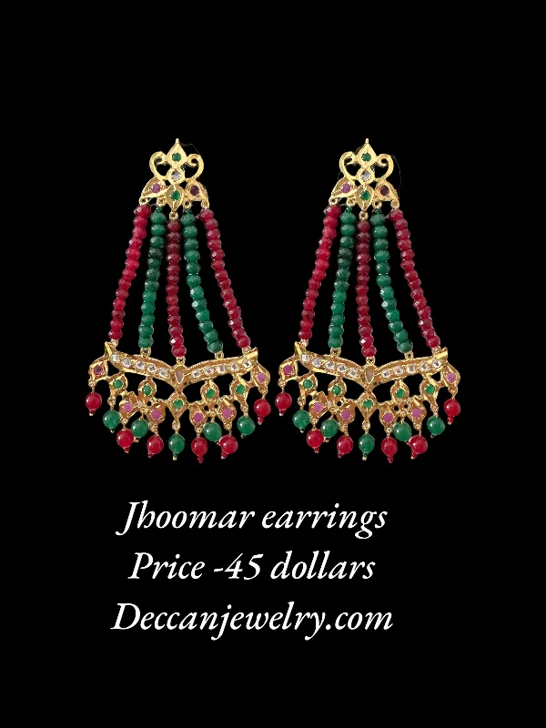 heart-shaped earrings for women-DER591 Amrita jhoomar earrings in ruby green beads  ( READY TO SHIP )