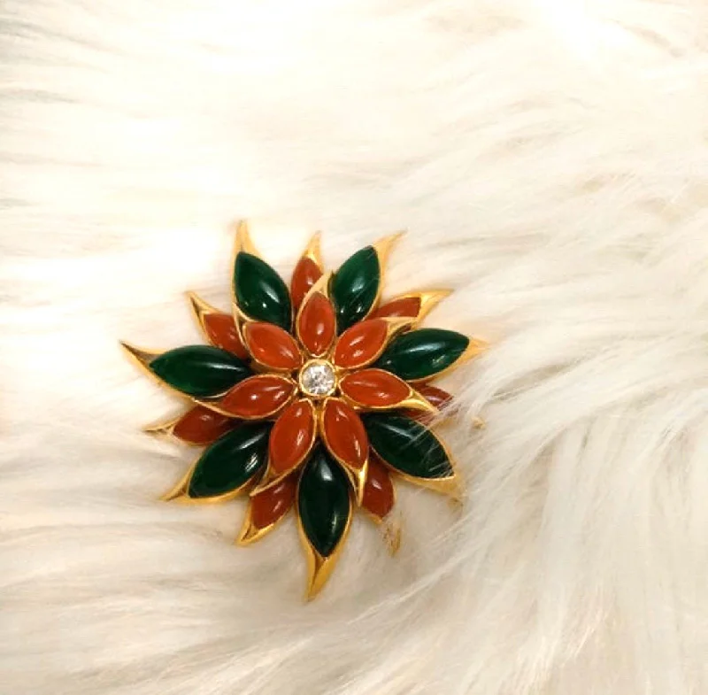 modern brooches for women-Vintage Sphinx Flower Brooch Green/Red glass flower Carnelian Red Agate