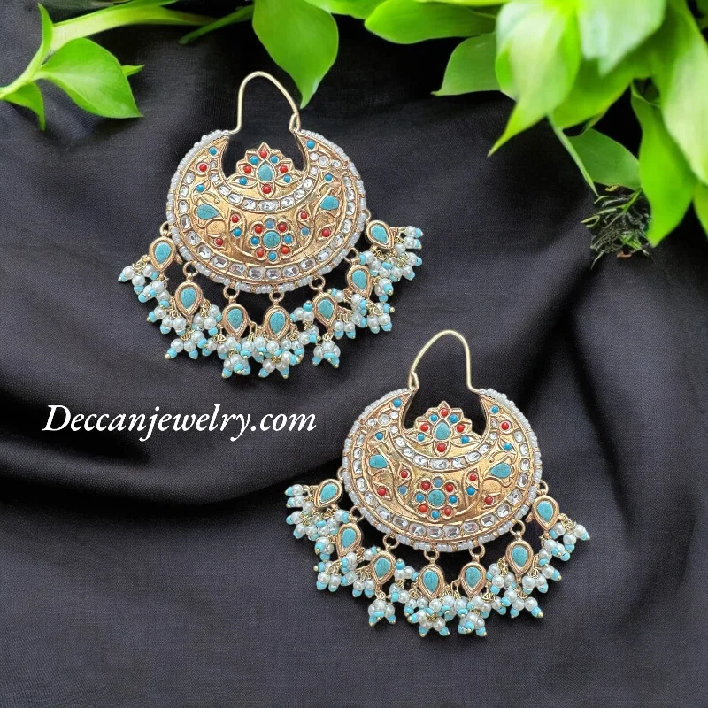 black diamond earrings for women-DER641  Turquoise coral chandbali earrings ( READY TO SHIP )