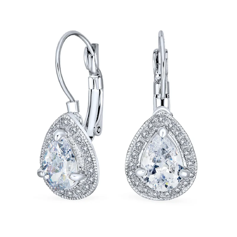 dangling gemstone earrings for women-2.25CT Prom Crystal Halo Teardrop CZ Earrings Silver Plated Alloy