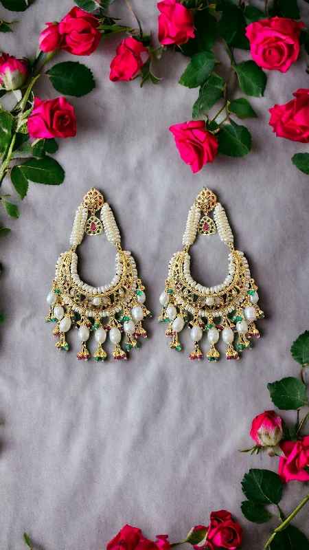 drop earrings for women-Ruby emerald pearl gold plated silver jhoomar earrings ( READY TO SHIP )