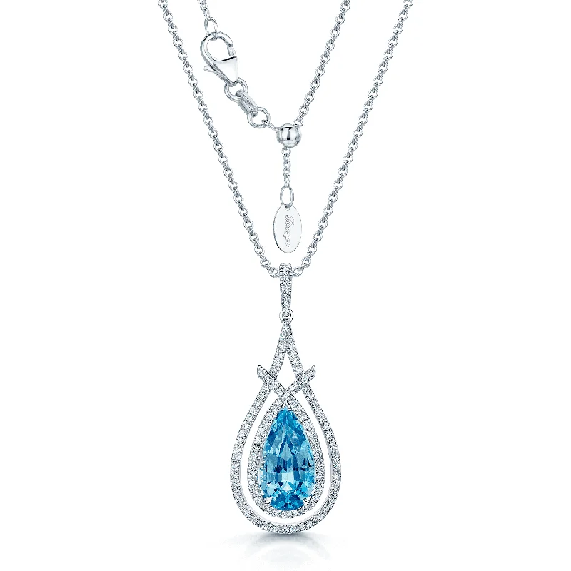 cross necklaces for women-18ct White Gold Pear Aquamarine And Diamond Double Framed Pendant With A Diamond Bale