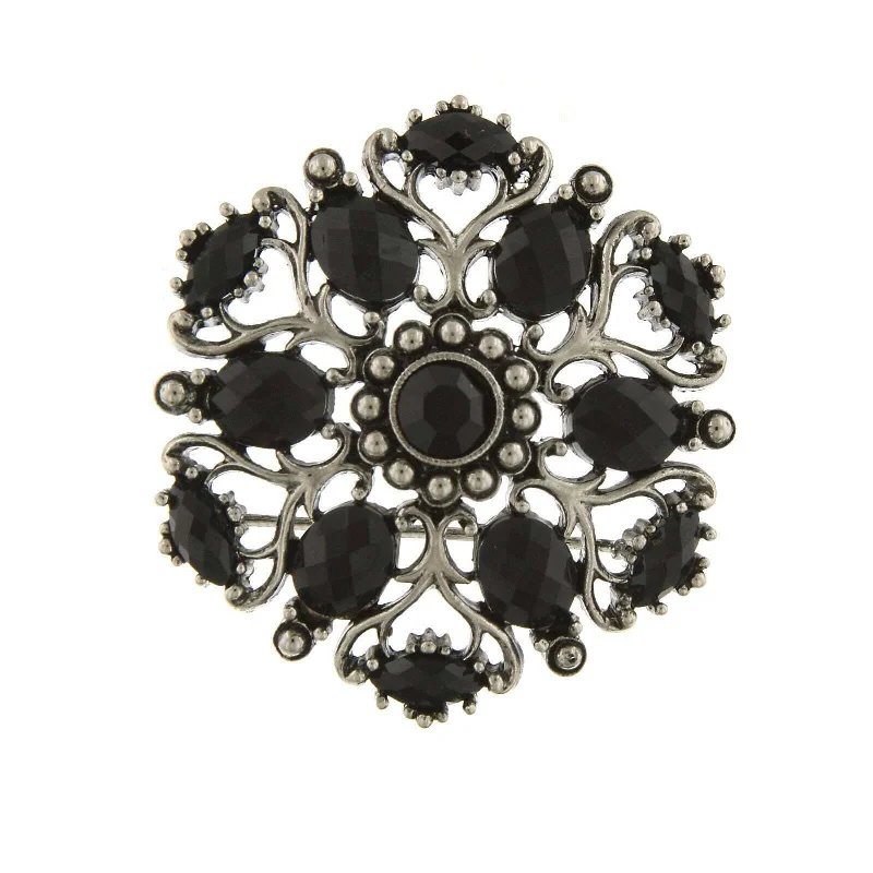 boho brooches for women-1928 Jewelry Jet Black Stone Ornate Brooch Pin