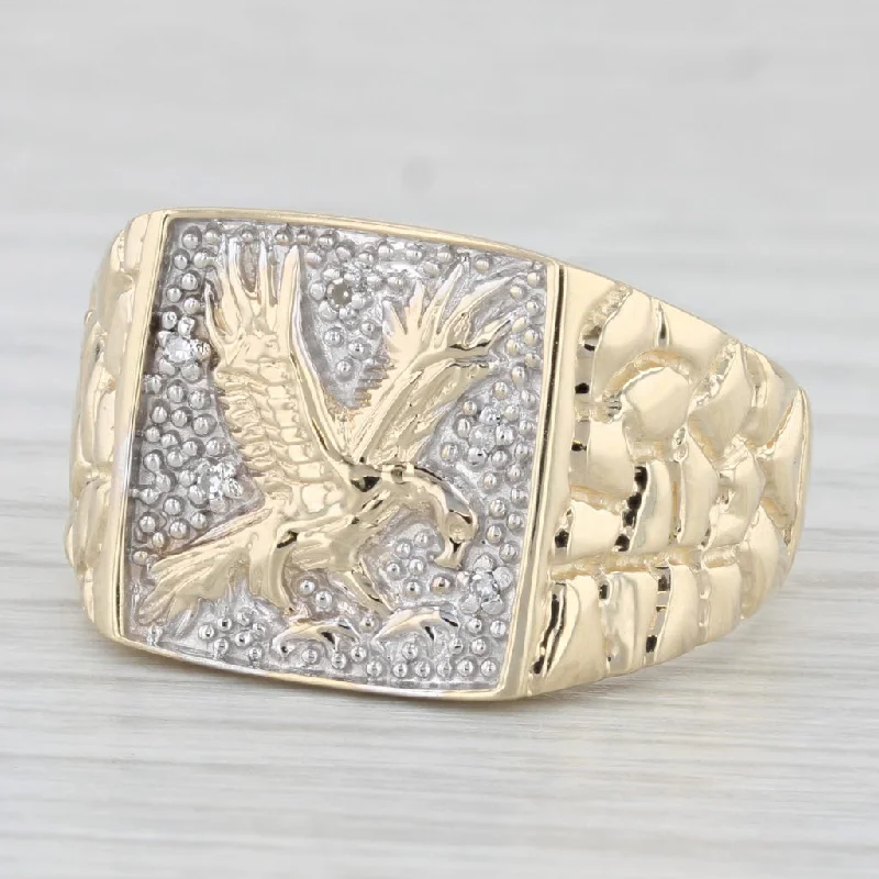 platinum engagement rings with gemstones for women-Diamond Accented Soaring Eagle Signet Ring 10k Gold Size 11 Men's