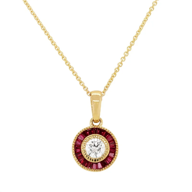 adjustable necklaces for women-YELLOW GOLD PENDANT WITH DIAMOND AND BAGUETTE RUBIES, .23 CT TW