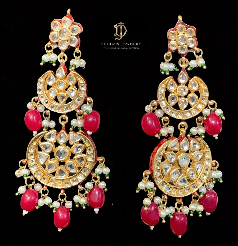 cubic zirconia earrings for women-DER424 Irina Kundan statement earrings (rubies )  (READY TO SHIP )