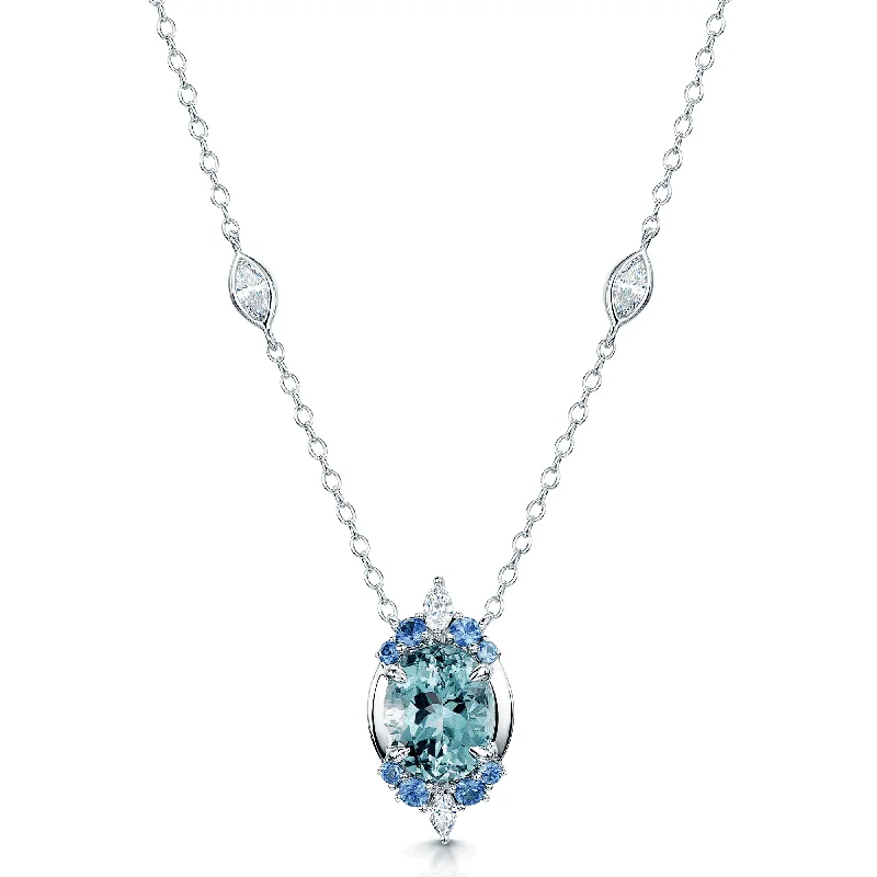 sun necklaces for women-18ct White Gold Oval Cut Aquamarine, Marquise Cut Diamond & Round Cut Sapphire Pendant