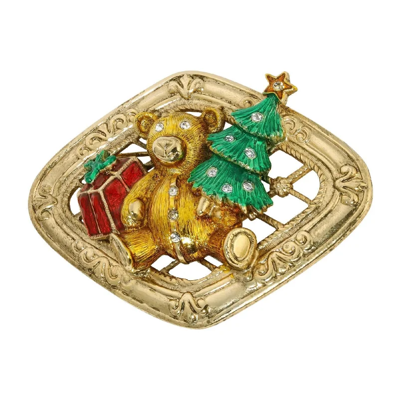 elegant fashion brooches for women-1928 Jewelry Teddy Bear With Christmas Tree & Gift Brooch Pin