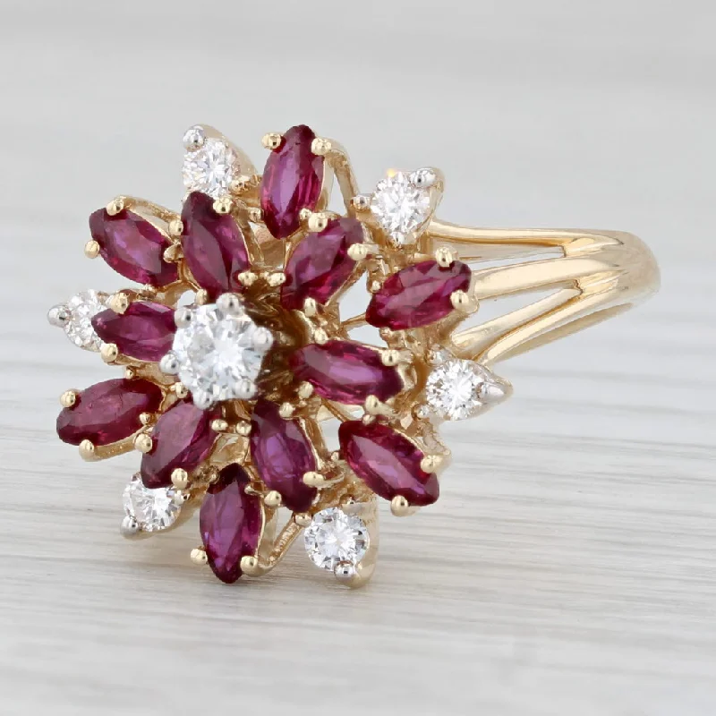 affordable engagement rings with diamonds for women-1.79ctw Ruby Diamond Cluster Flower Ring 14k Yellow Gold Size 8 Cocktail