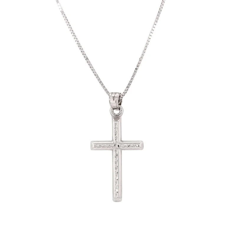 long necklaces for women-WHITE GOLD CROSS PENDANT WITH DIAMOND CUT FINISH AND POLISHED EDGES