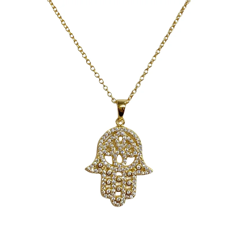 nameplate necklaces for women-Hamsa Pave Silhouette Necklace