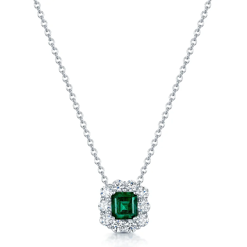 custom necklaces for women-18ct White Gold Emerald Cut Emerald & Diamond Cluster Pendant