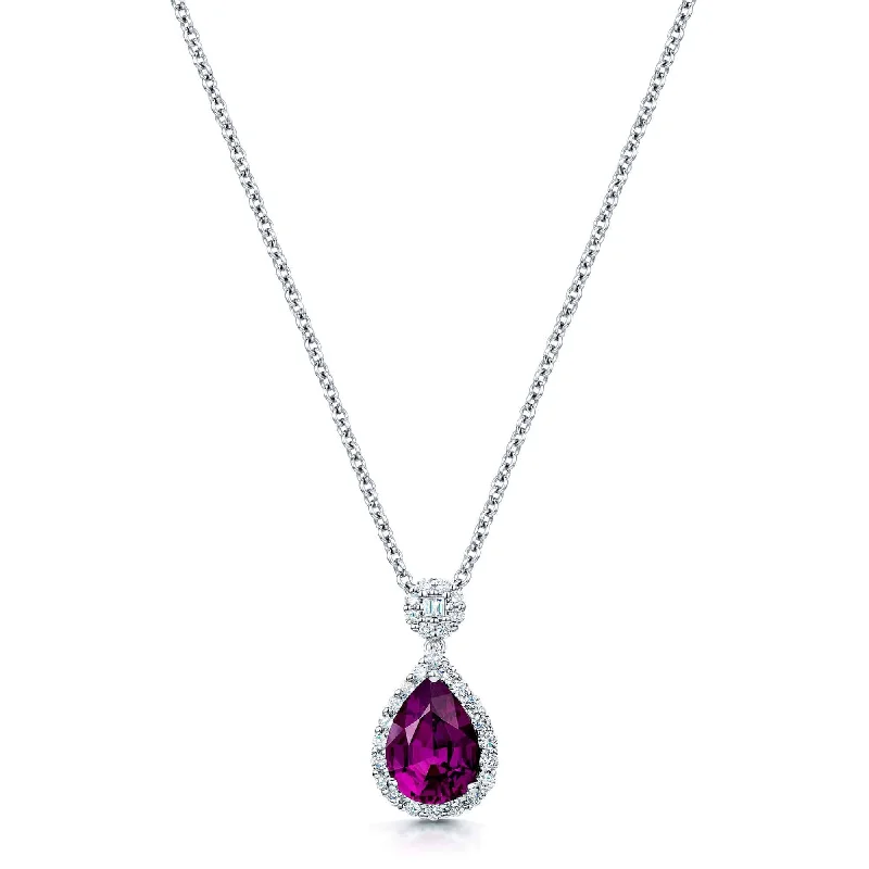 sapphire necklaces for women-18ct White Gold Pear Shape Rhodolite Garnet And Diamond Halo Pendant With A Diamond Cluster