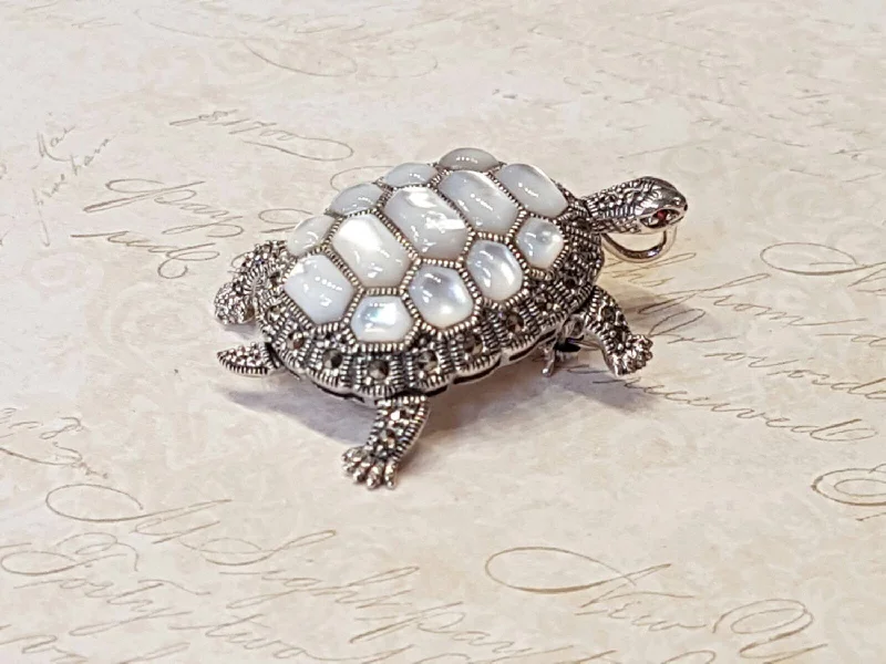 multi-colored brooches for women-Tortoise Silver Brooch Pin in Mother of Pearl Marcasite