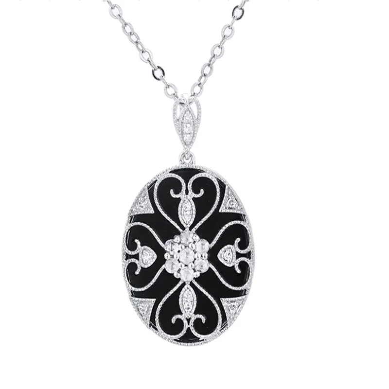 custom-designed necklaces for women-WHITE GOLD VINTAGE STYLE PENDANT WITH BLACK ONYX AND DIAMONDS, .18 CT TW