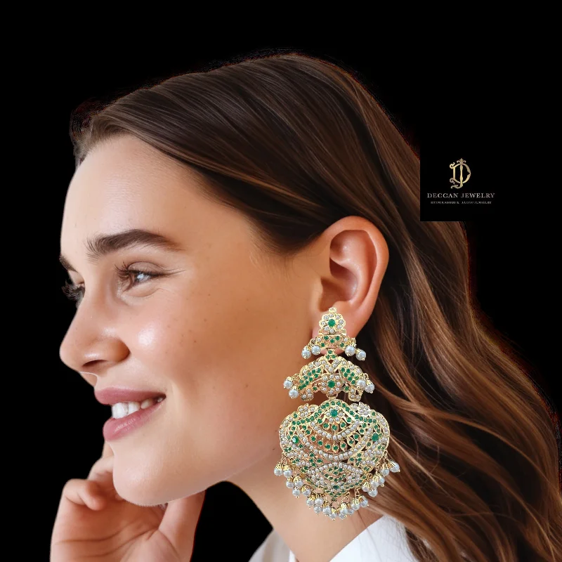 anniversary earrings for women-DER643 emerald and pearl jadau earrings ( READY TO SHIP )