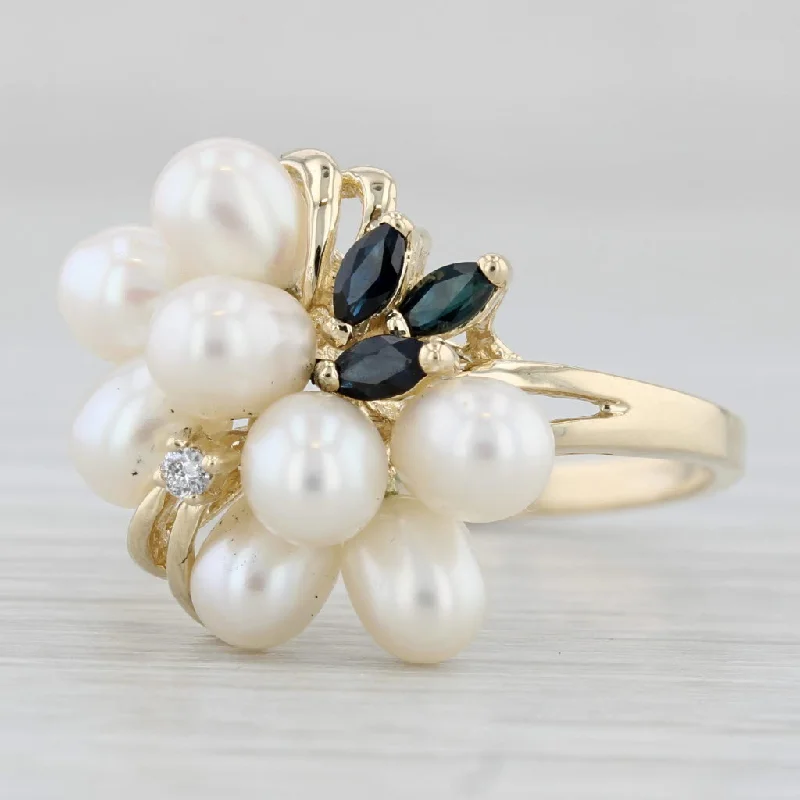 princess-cut engagement rings with diamonds for women-Cultured Pearl Blue Sapphire Cluster Ring 14k Yellow Gold Size 10.25