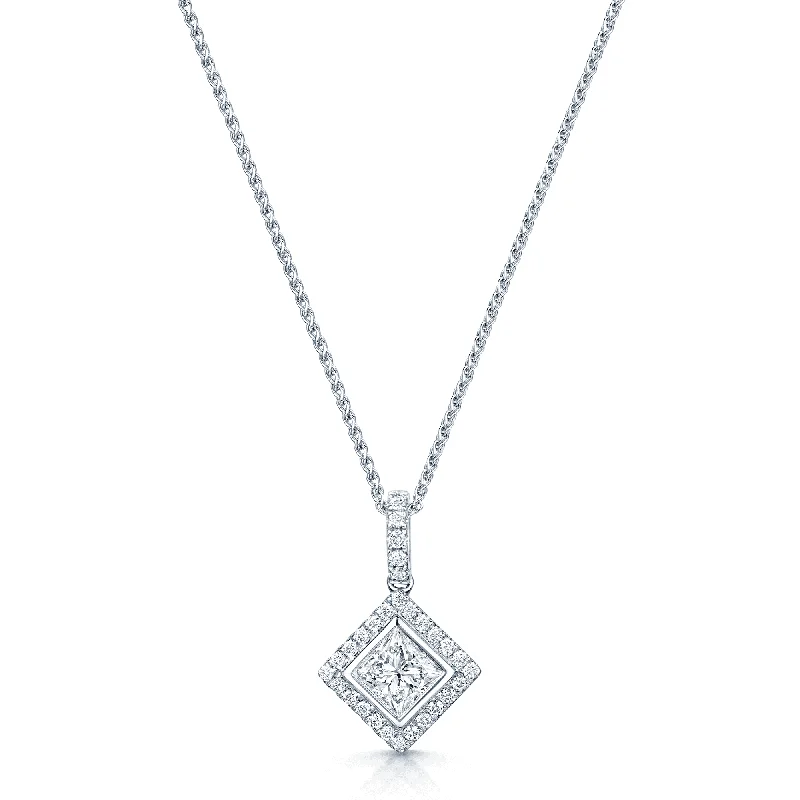 dainty gold necklaces for women-18ct White Gold Princess Cut Diamond Rub Over Halo Cluster Pendant With A Diamond Bale