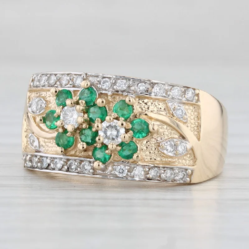 unique diamond engagement rings for women-1.35ctw Emerald Diamond Flower Ring 14k Yellow Gold Size 8.25