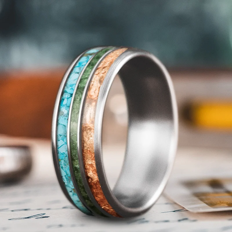 titanium rings for women-Custom Design - 3-Inlay Narrow Center 8AuhemuE3nJYDGME0onGQIE5