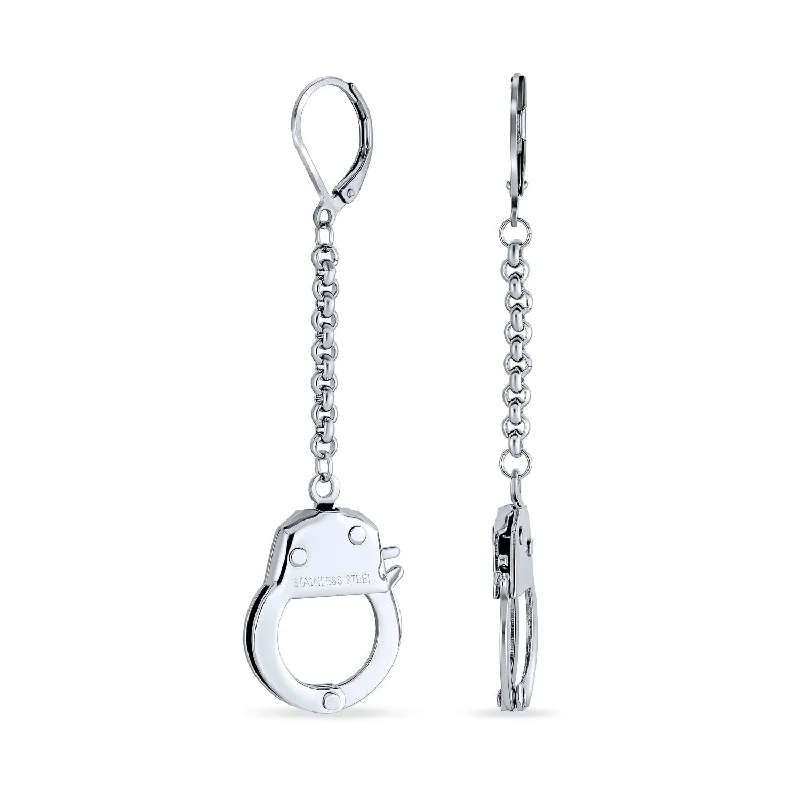 silver chandelier earrings for women-Partners Couples Grey Handcuffs Lever Back Dangle Earrings BlackSilver Tone Steel