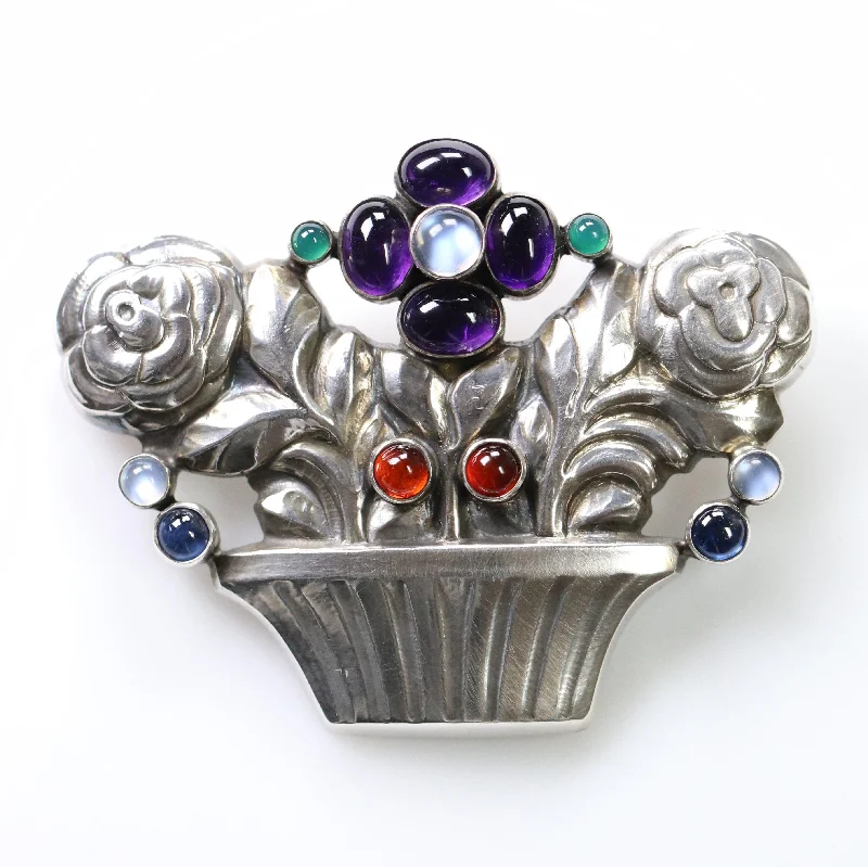 art deco brooches for women-Georg Jensen Jewelry | Multi-Gem Flower Basket Art Nouveau Silver Vintage Brooch 67