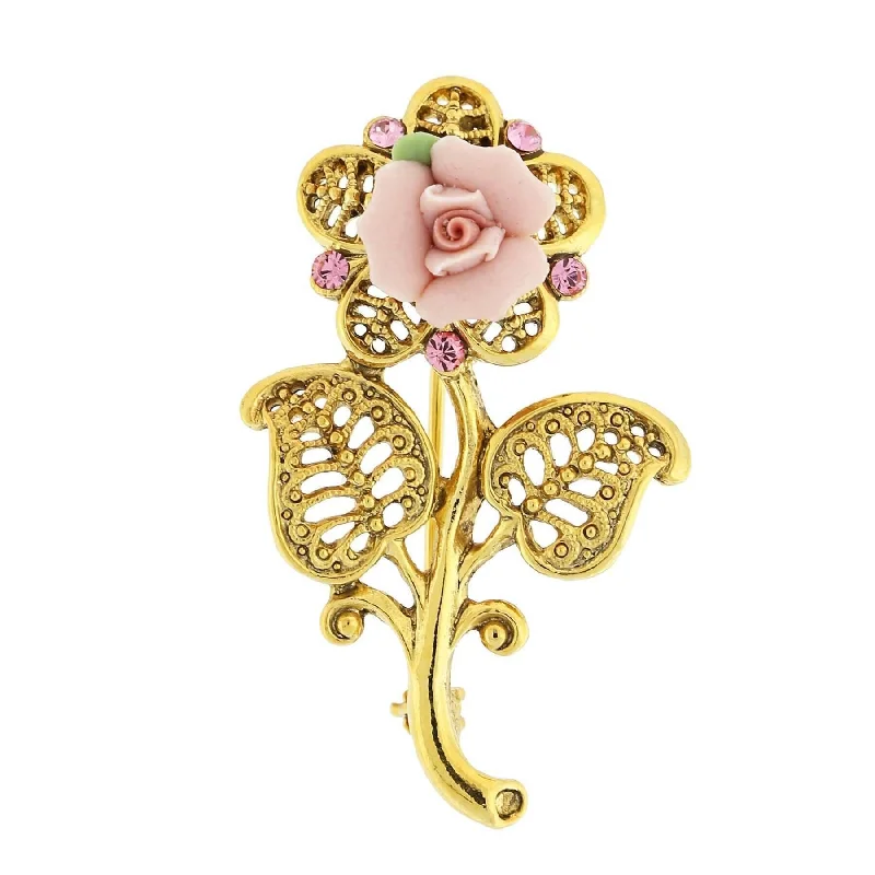 elegant brooch pins for women-1928 Bridal Pink Crystal And Porcelain Rose Brooch