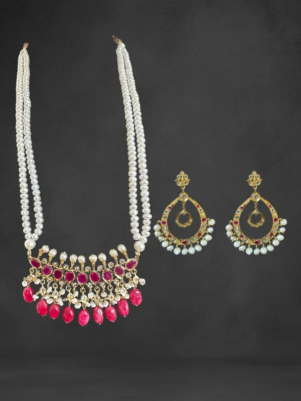 pearl drop earrings for women-PS508 Tirmani in Rubies with Freshwater Pearls and Chandbali Earrings – Gold-Plated Lightweight Jewelry( READY TO SHIP )