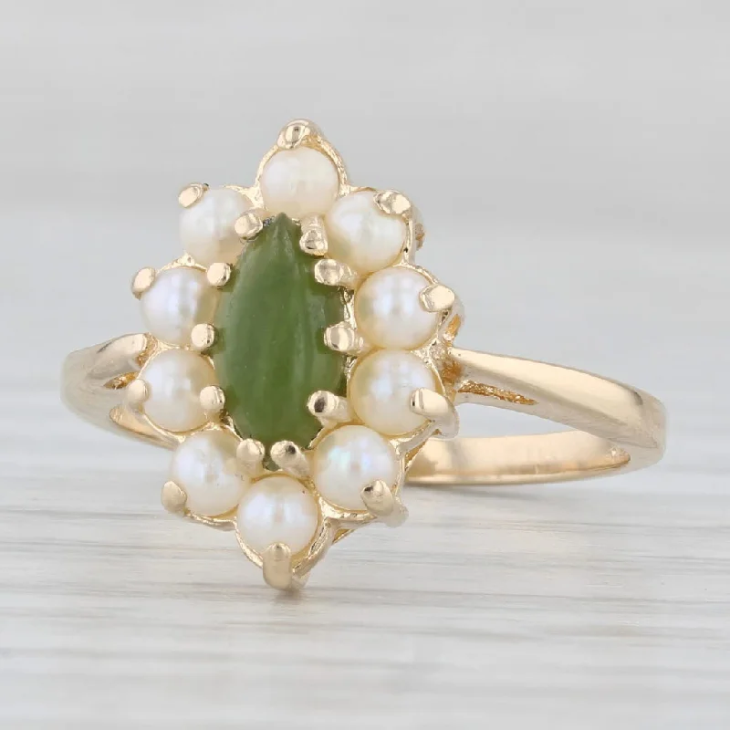 cathedral engagement rings for women-Vintage Nephrite Jade Pearl Halo Ring 14k Yellow Gold Size 6.5