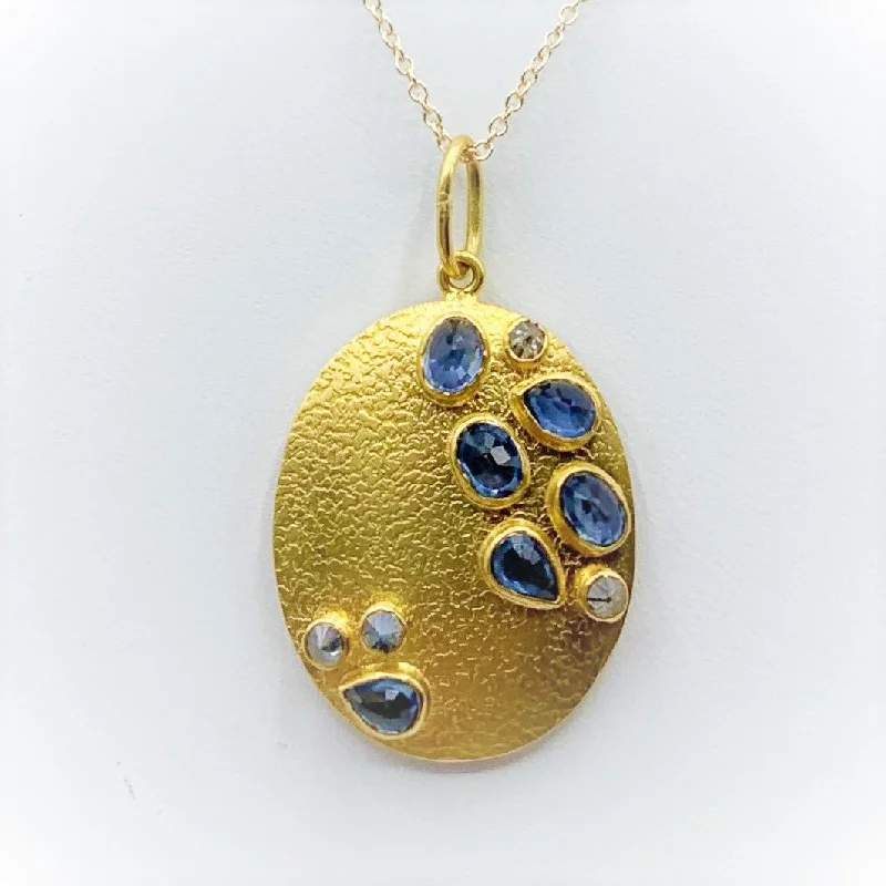 anniversary necklaces for women-Sapphire and Diamond River Stones on Golden Disk