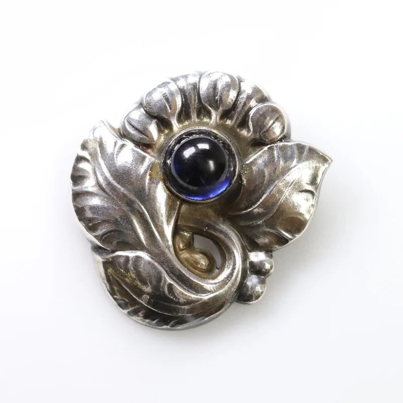 round brooches for women-Georg Jensen Jewelry | Sapphire Floral Art Nouveau Silver Vintage Brooch 71