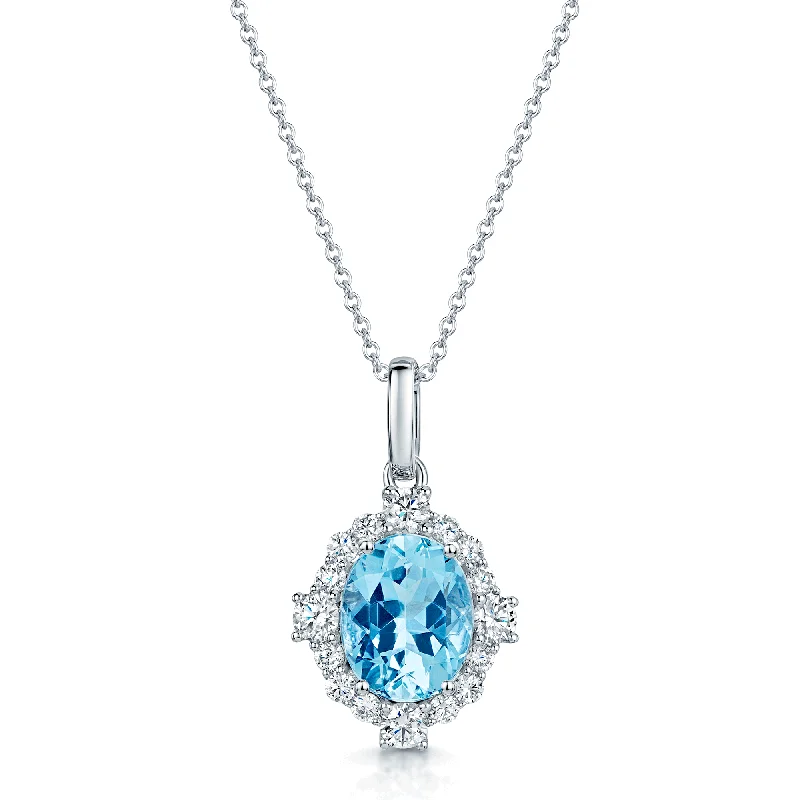 personalized necklaces for women-18ct White Gold Oval Cut Aquamarine And Diamond Cluster Pendant