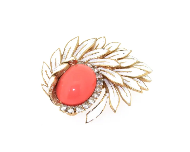 minimalist brooches for women-Vintage Jomaz Brooch Coral White Enamel