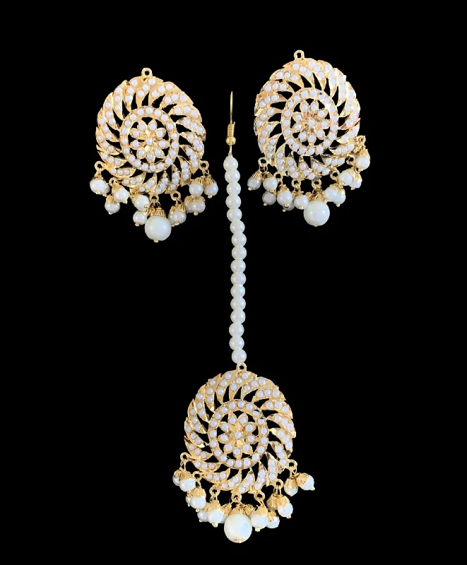 flower-shaped earrings for women-DJET15 Raabya punjabi Jadau earrings tika in pearls ( SHIPS IN 2 WEEKS )