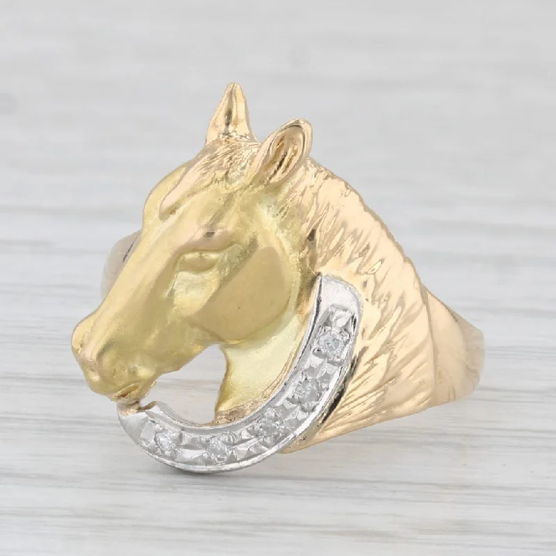 vintage engagement rings for women-Diamond Accented Horse Ring 18k Yellow Gold 900 Platinum Size 6.25