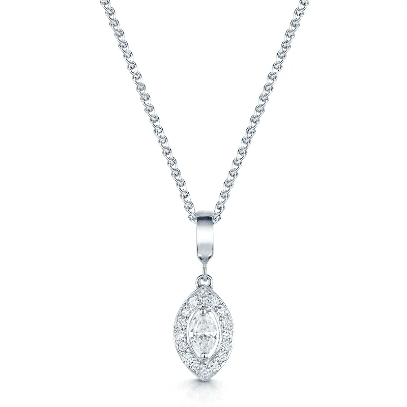 retro necklaces for women-18ct White Gold Marquise Cut Diamond Set Pendant with Pave Set Surround